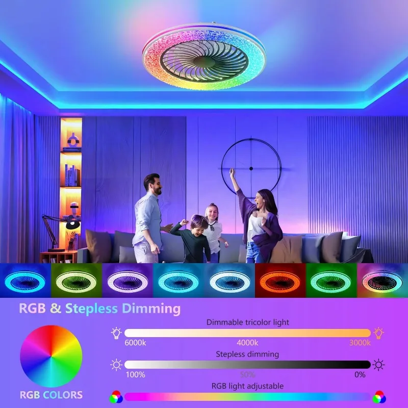 23 Inch Modern LED Ceiling Fan with Lights RGB Bladeless Design Low Profile for Living