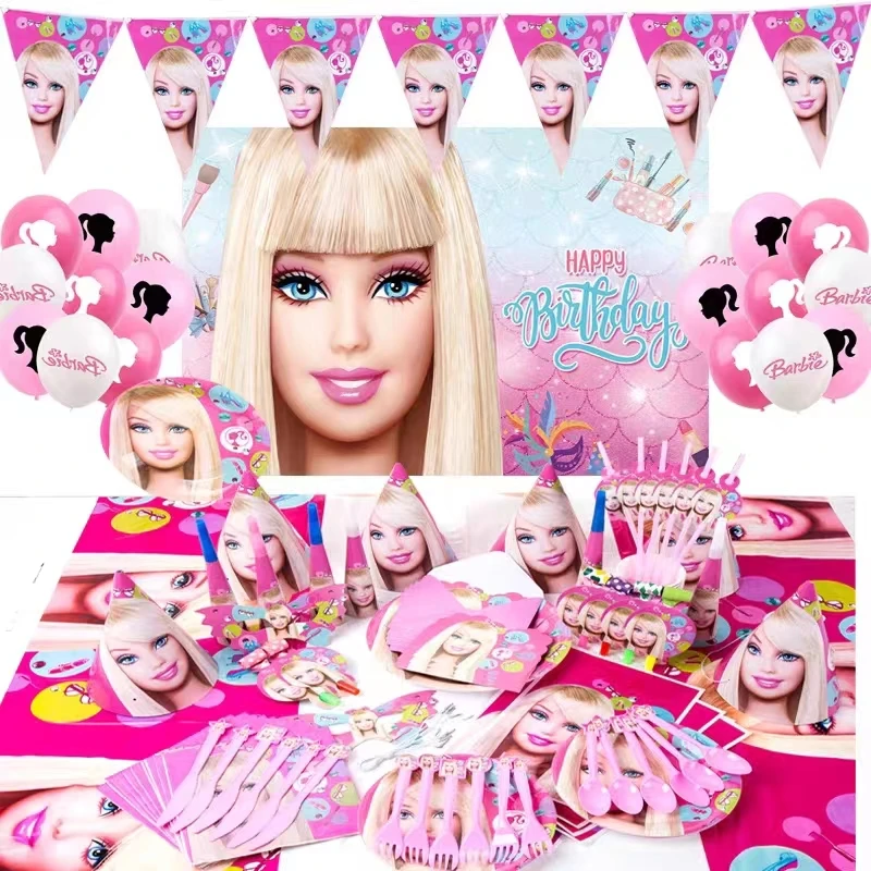 Barbie Birthday Party Decoration Pink Cartoon Happy Princess Girls Theme Plates Cups Tableware Set Balloons Supplies Baby Shower