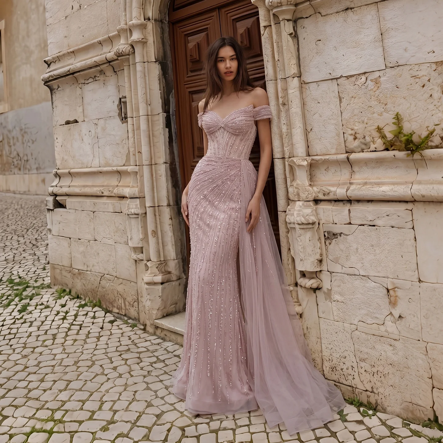 Sharon Said Luxuriöses Rosa Abendkleid, Schulterfrei, Herzausschnitt, Kristallperlen, Meerjungfrauen-Schnitt, Seitlicher Tüll, Formelle Partykleider SS005 Maßanfertigung – Detail 4