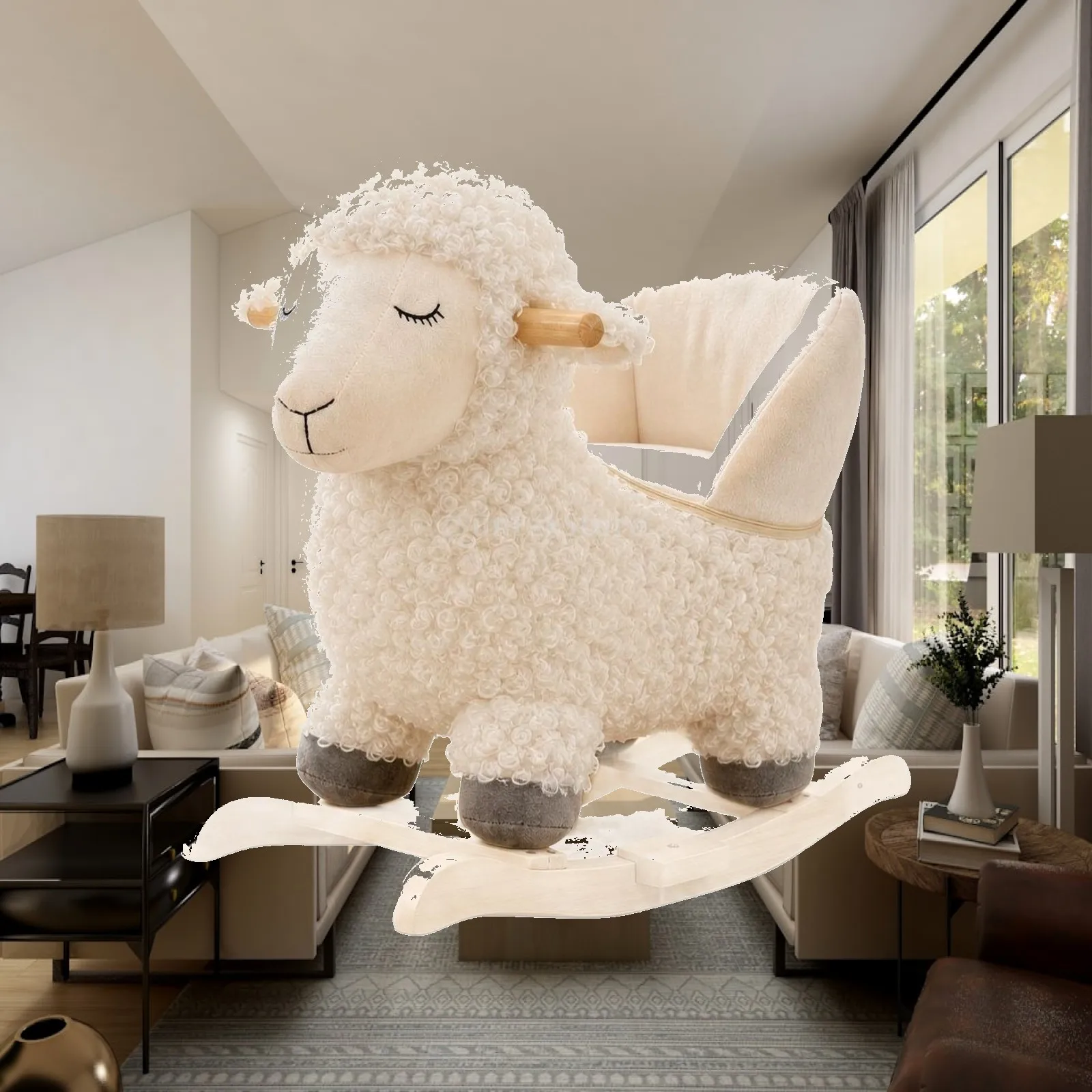 Curly Texture Plush Rocking Seat for Infant Wooden Rocking Base Sheep Design Cradle Seat