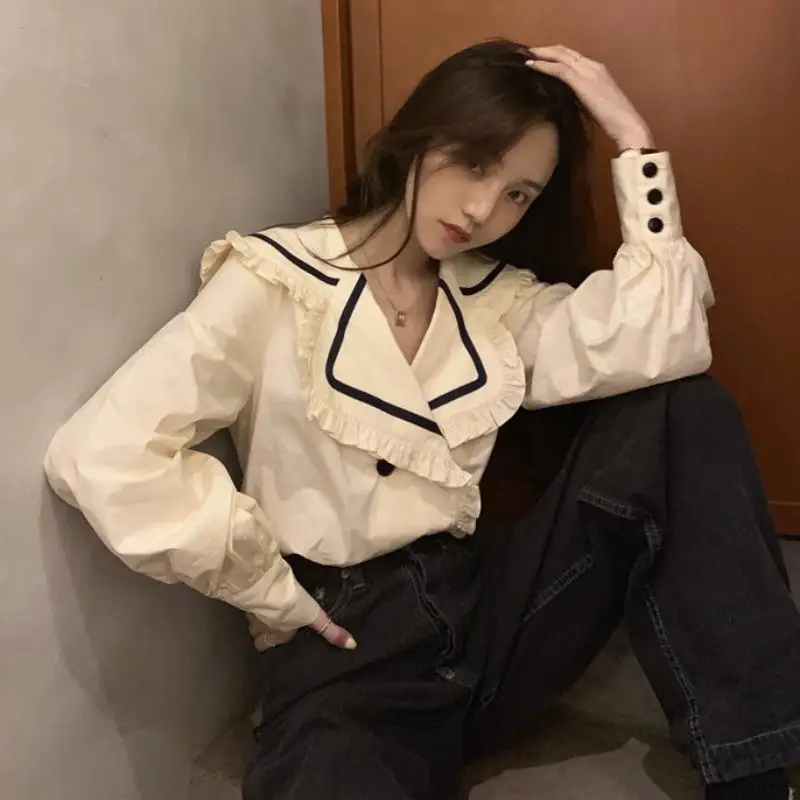 Peter Pan Collar Female Korean Buttons Long Sleeve Blouse Autumn Women Clothing Simplicity Sweet Ruffles Pleated Women Shirts