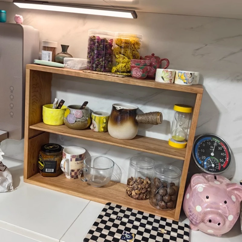 Scandinavian Solid Wood Double Layer RackWall Mounted Multi-Compartment Display Shelf Hanging Storage for Mugs Kitchen Organizer