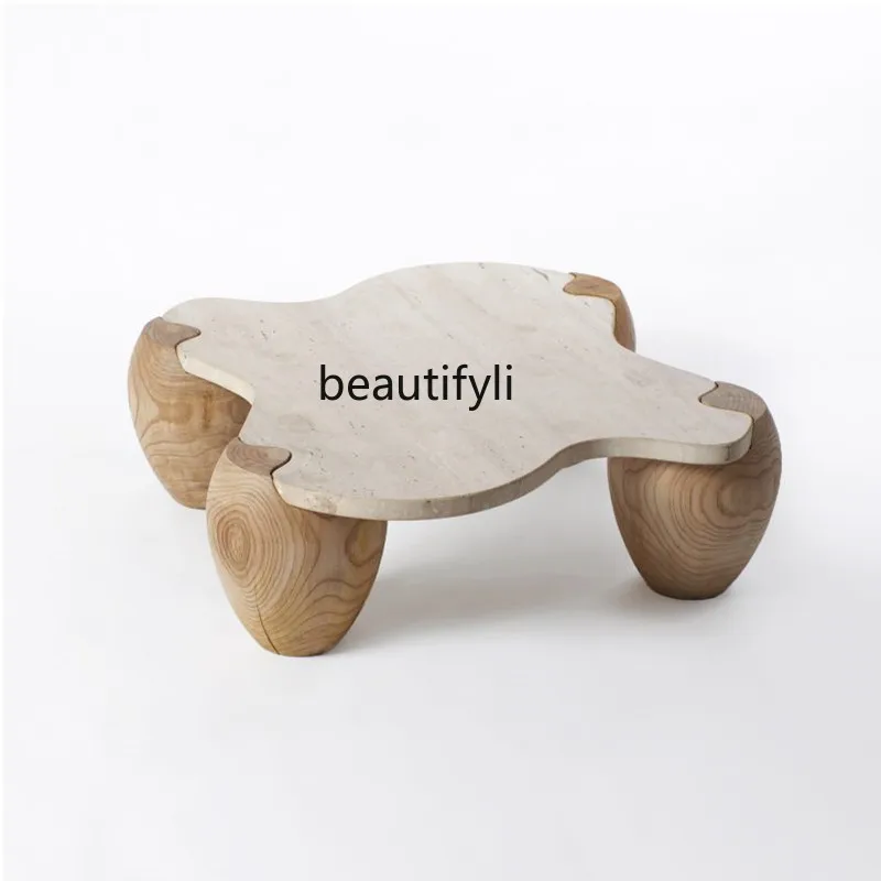 

Retro natural travertine coffee table Modern simple size apartment living room special-shaped solid wood marble coffee table