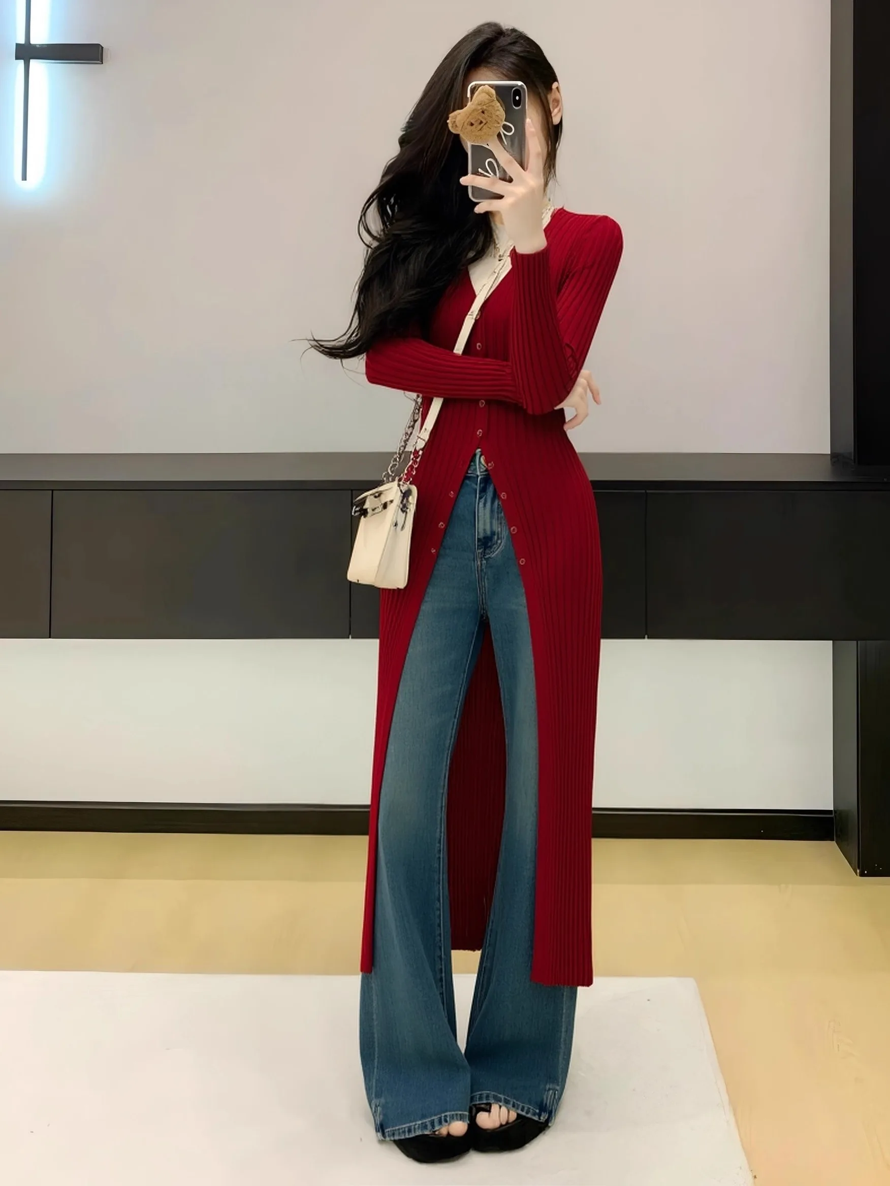 

Женский осенний модный повседневный кардиган Sli Slim Fit, длинный, красный, вязаный, с V-образным вырезом, из полиэфирного волокна, с длинными рукавами