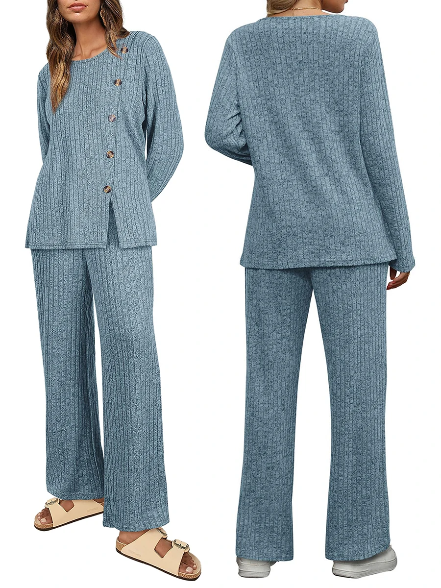

Women 2 Piece Pants Set Knit Long Sleeve Side Button Sweaters and Long Pants Suit Female Solid Color Autumn Outfits Loungewear