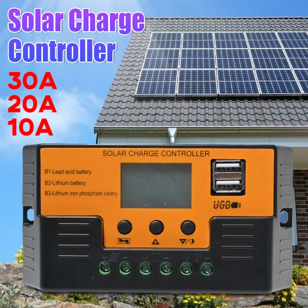 Solar Charge Controller 30A 20A 10A Solar Regulator with LCD Display Dual USB 5V Auto Identify Battery Type for Solar Panel RV