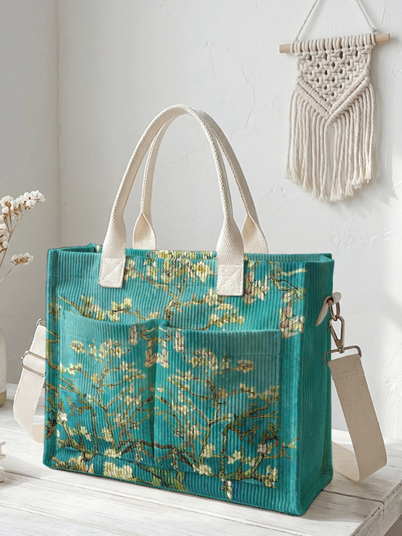 Van Gogh Almond Blossom Print Teal Corduroy Tote Bag Large Capacity Multi Pocket Commuter Shoulder Bag