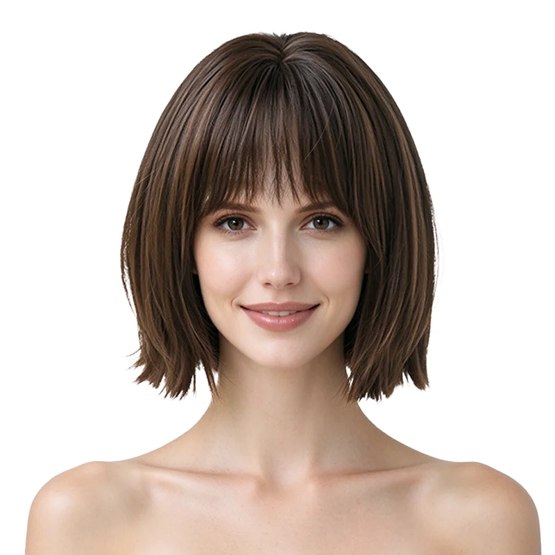 12Inch Brown Straight Short Bob Wig with Bangs for Women Natural Realistic Heat Resistant Synthetic Wig Daily Work Party Cosplay