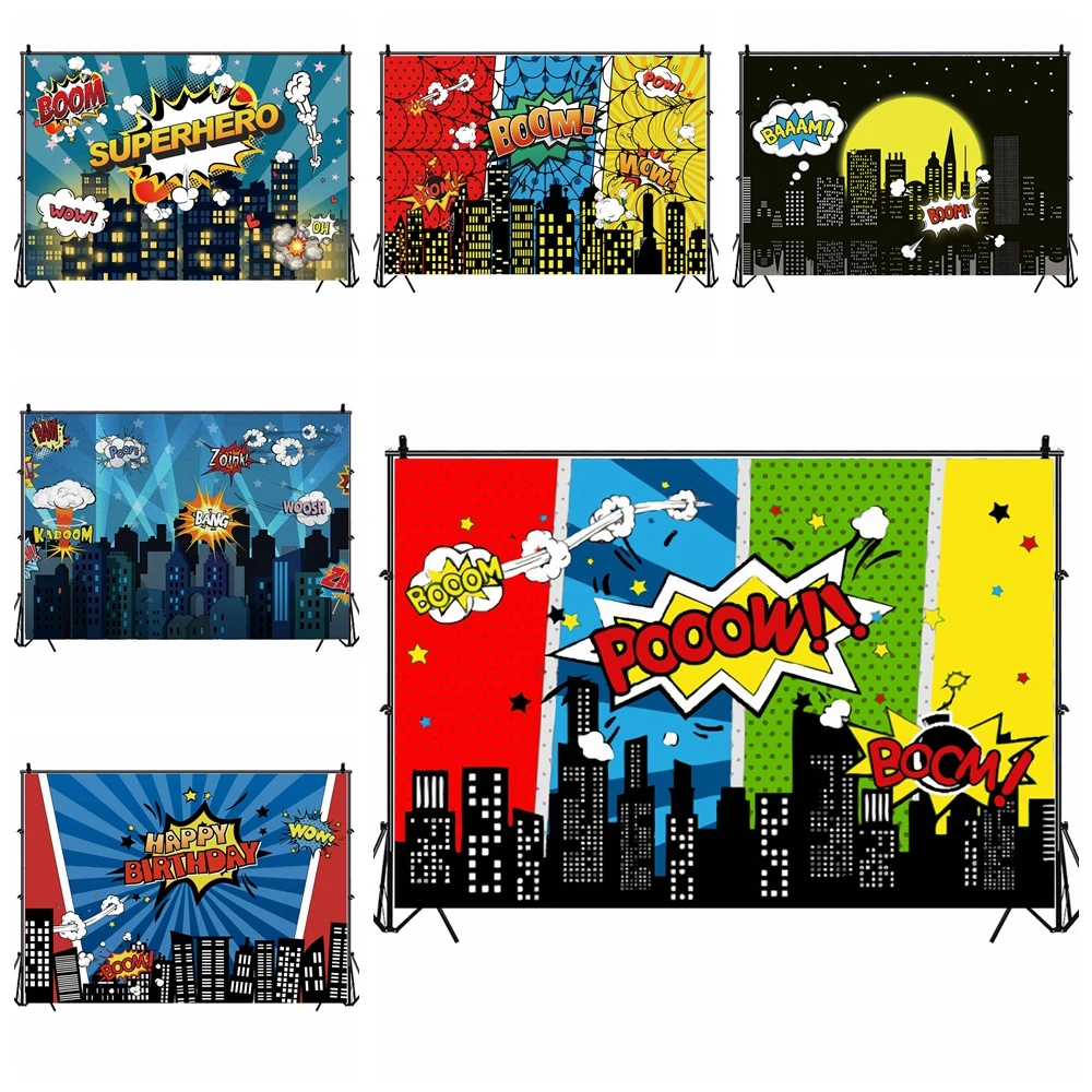 

Superhero City Building Super Hero Theme Backdrops Baby Shower Birthday Party Photography Background Banner For Photo Studio