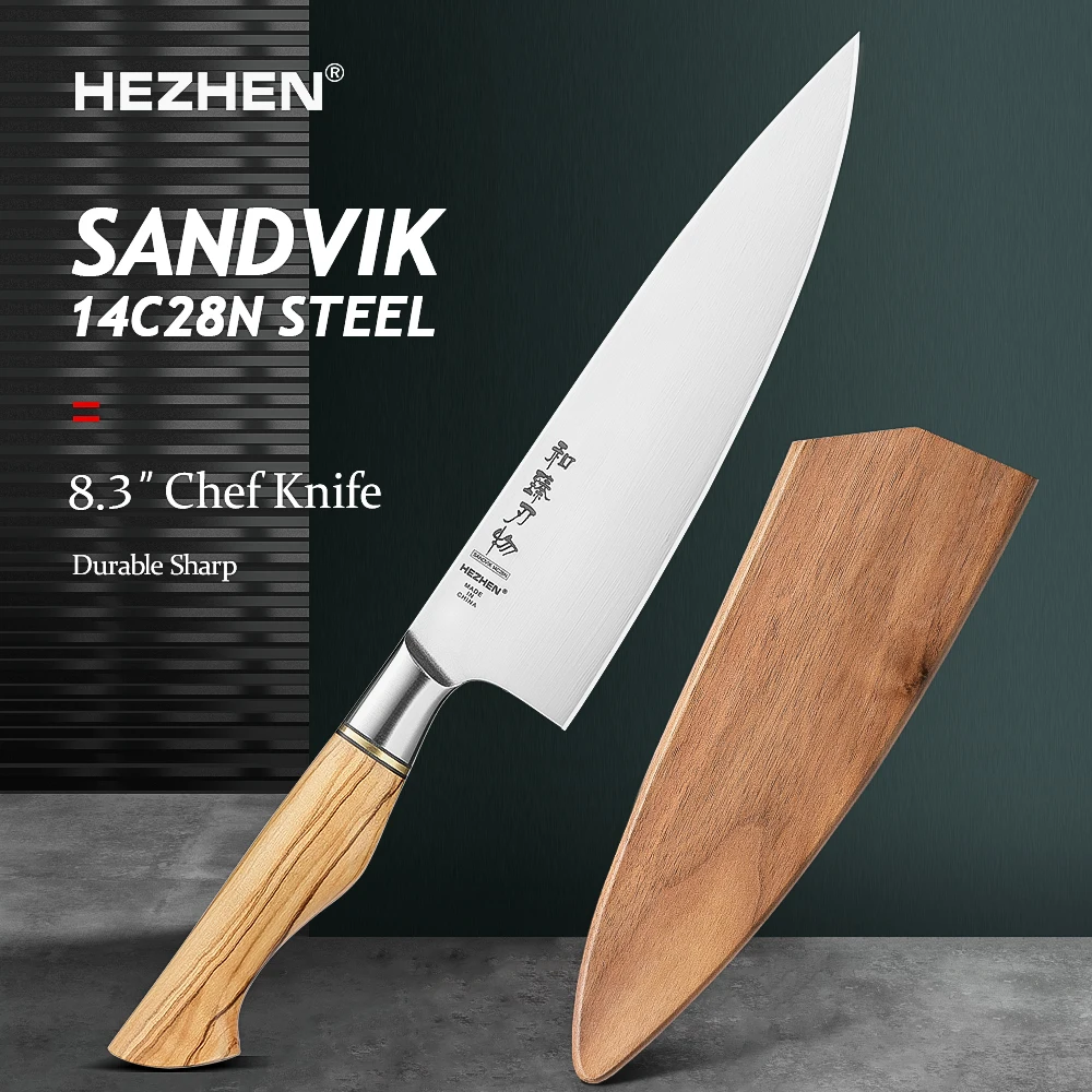 HEZHEN Master Series 8.3 Inches Sandvik 14C28N Steel Chef Knife  Kitchen Knives Olive Wood Handle