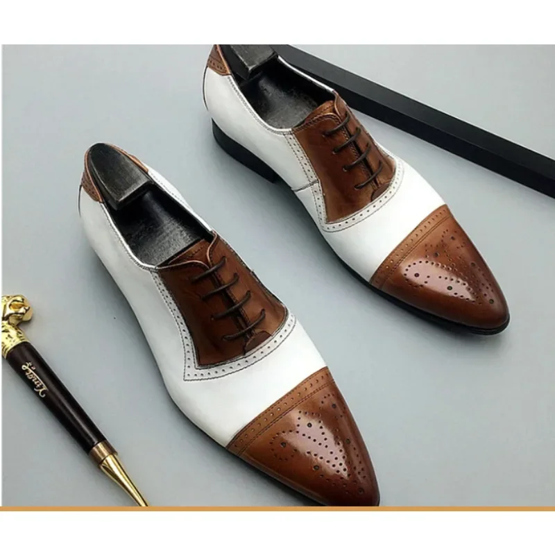 

Le Fu Large Size Brogue Business Shoes Colour Blocking Pointed Toe British Leather Shoes Wedding Formal Leather Shoes PX09