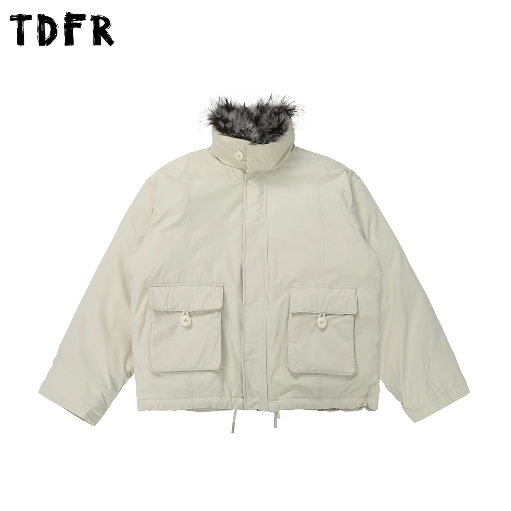 

Pocket Cargo Padded Jacket Mens Solid Color Winter Thick Retro Casual Fur Collar Long Sleeve Drawstring Hem Outerwear Man
