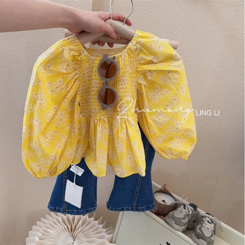 Girls\' Clothing Set 2023 Spring and Autumn Clothing Children\'s Yellow Bubble Sleeve Fragmented Blouse Shirt Jeans Two Piece Set