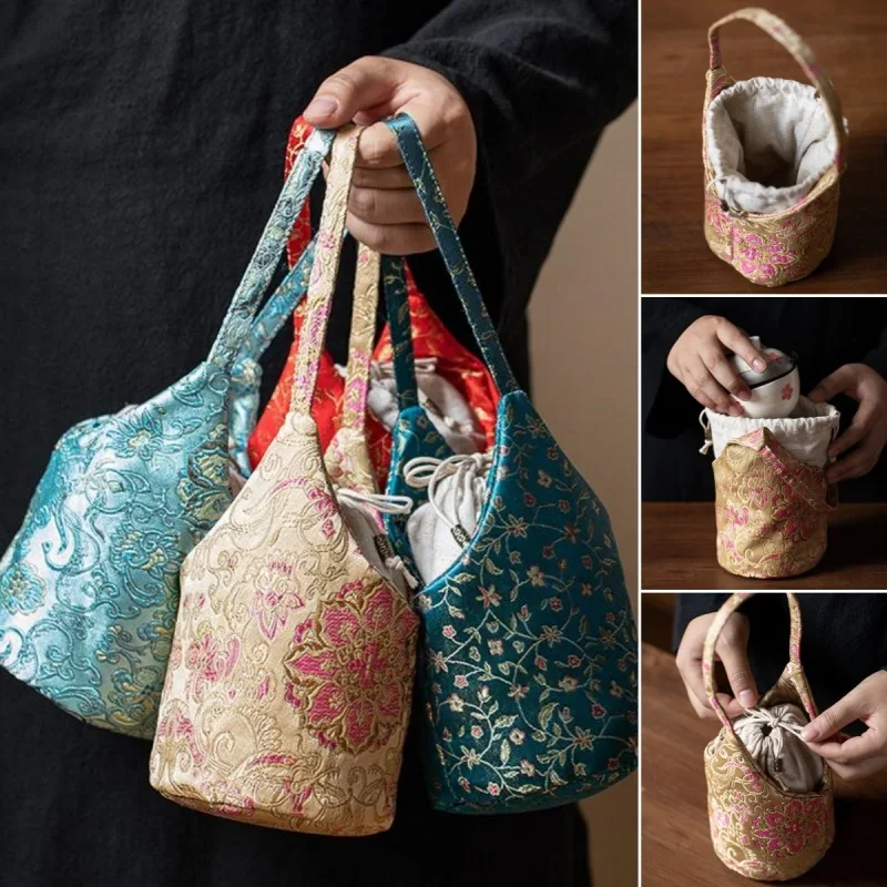 Embroidery Teaware Storage Bag Floral Pattern Cotton Teacup Protective Dustproof Pouch Accessory Outdoor Portable Drawstring Bag