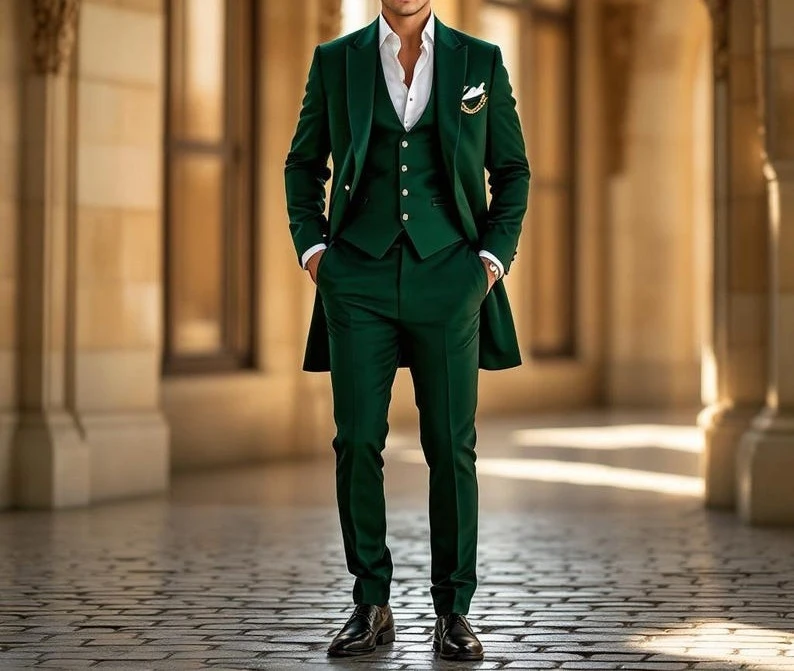 Men's Green Three Piece Wedding Suit Custom Tailored Groom Outfit