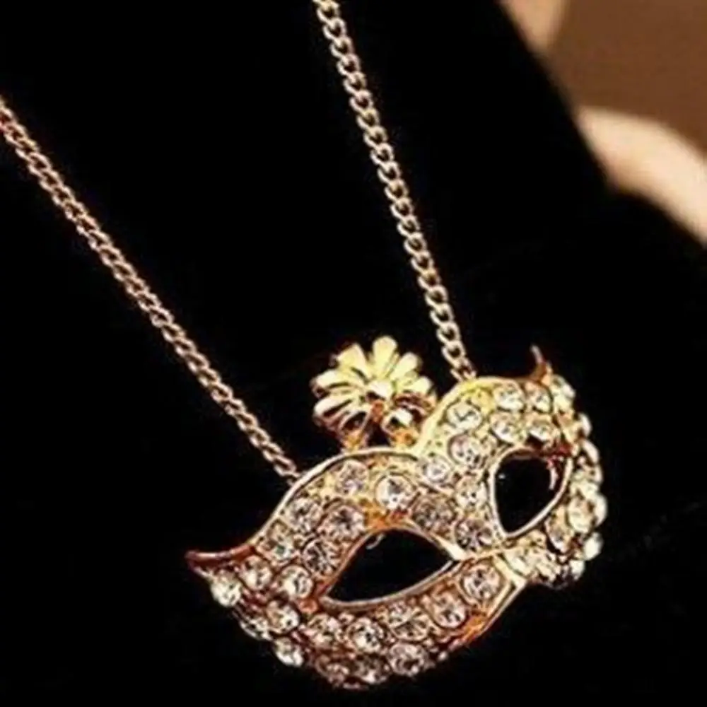 Rhinestone Inlaid Flower Fox Masquerade Mask Pendant Clavicle Chain Necklace Sweater Chain Necklaces For Women