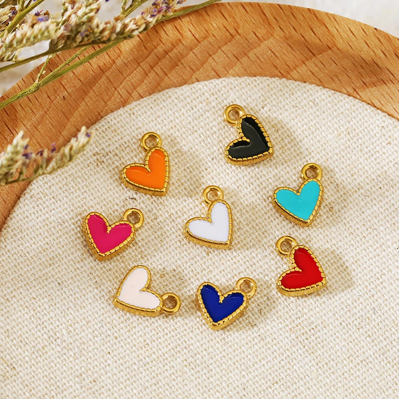 10pcs Stainless Steel Bead Edge Enamel Love Heart Shape Charms Gold Heart Charm DIY Earrings Necklace Jewelry Pendant Findings