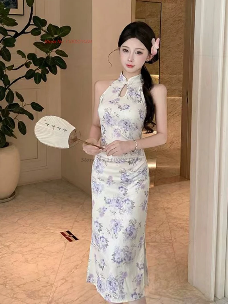 

2026 oriental sexy dress improved cheongsam national flower print sleeveless knitted qipao dress banquet evening dress qipao