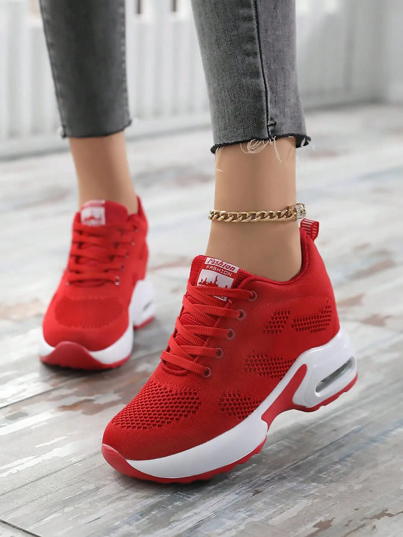 

Women Wedge Sneakers Inner Heightening Red Mesh Walking Shoes Fashion Breathable Lightweight Air Cushion Casual Sneakers 1912 v