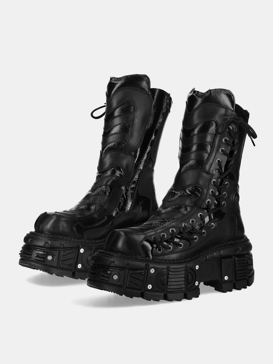 

k Punk Sle Women's Mid-Calf Motorcycle Boots Metal Bule Thi Bot Boots Punk Sle round Toe High Heel