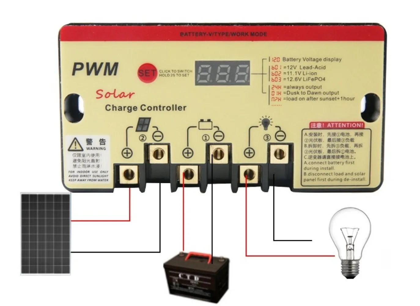 

10A PWM Solar Charge Controller for Lead Acid, 3S 6S Lithium Ion, 4S 8S Lifepo4 Battery