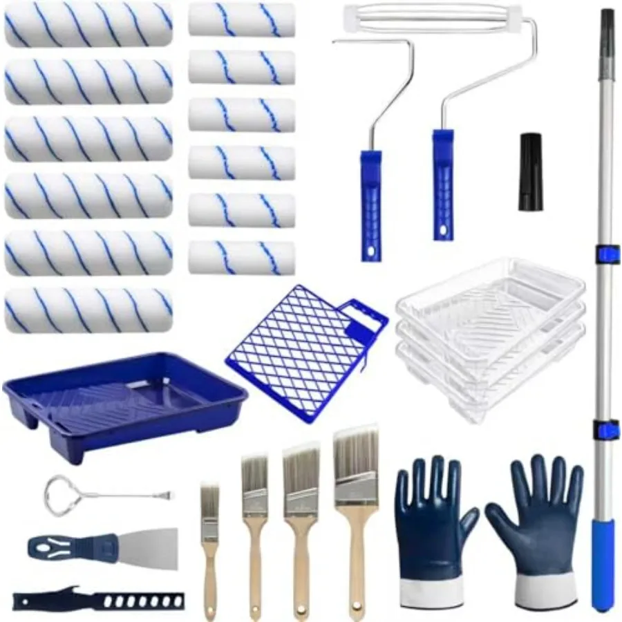 

28 PCS Paint Roller Kit with Extension Pole, 4"and 9" Paint Roller, Including Gloves, Paint Tray, Flat Paint Brush, Scraper, et