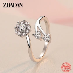 ZDADAN 925 Sterling Silver Flower CZ Adjustable Ring For Women Fashion Jewelry