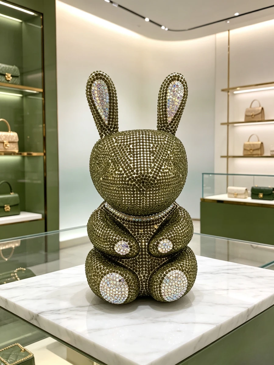 Bolso de mano de lujo con forma de conejo 3D, cristal iridiscente verde oliva, para mujeres maduras, para bodas y fiestas, elegante y único.