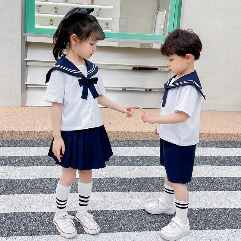 Children Navy Style T-shirt Set 2026 New Summer Girls Korean Boys and Girls Fashion Casual Shorts Two Piece Set 3