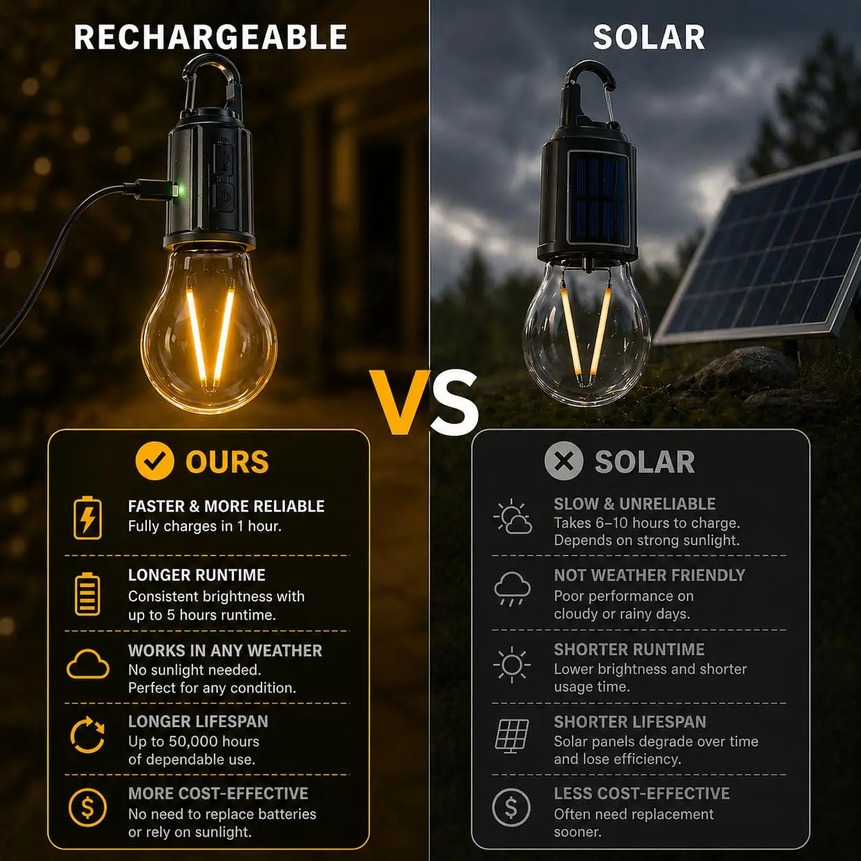 1 paquete de luces de camping recargables, bombillas LED para tiendas de campaña, color negro.