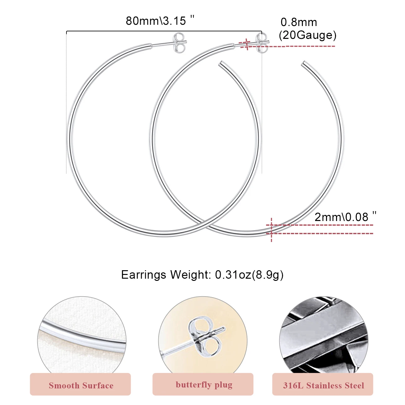 U7 60mm Large Hoop Earrings for Woman Big Shinny Plain Round Tube Lightweight Hyperbole Hoop Earrings Jewelry Gift