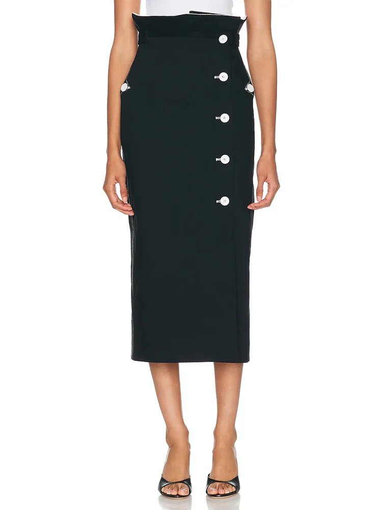 Double-layer contrasting pattern floral high-waisted mid-length skirt with metal fastening trim, slim-fit pencil-style dress