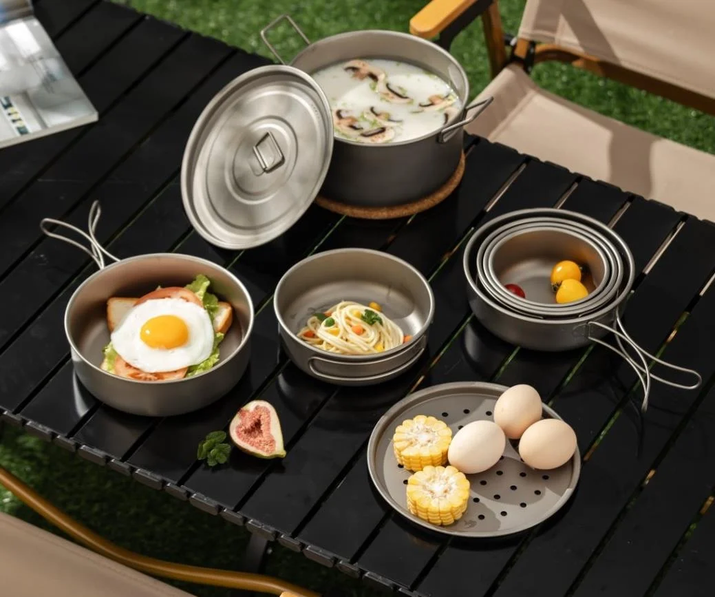 

Складная уличная сковорода из чистого титана, набор посуды с пароваркой, посуда для пикника и кемпинга