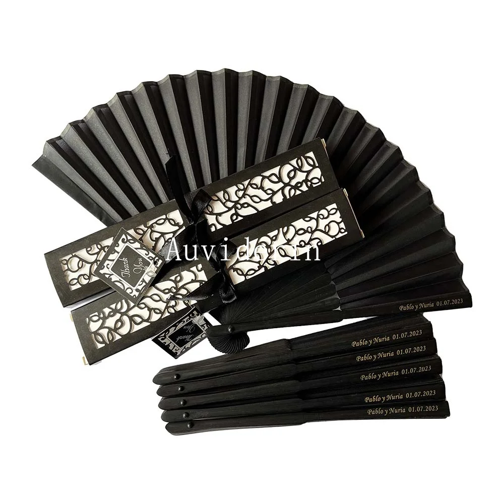 35/20Pcs Black Bamboo Hand Foldable Fan Print Logo For Promotion Gift 24/25/30/32Pcs Customized Fans For Event Party Keepsake