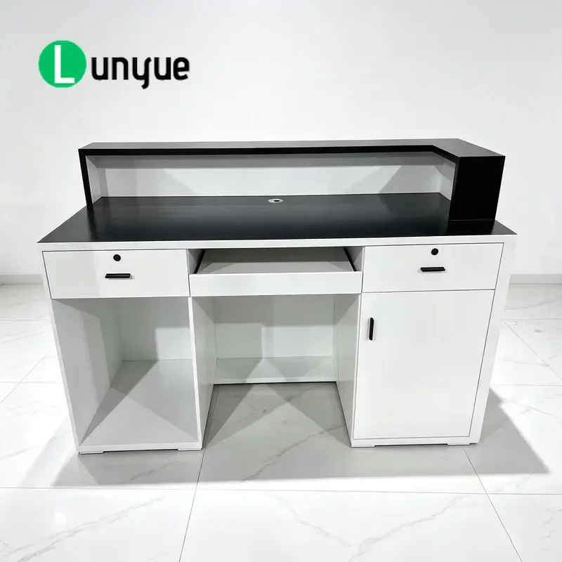 Modern Front Desk with Marble Countertop High Density Storage Shelves Multi Functional Reception Table Customizable Size for