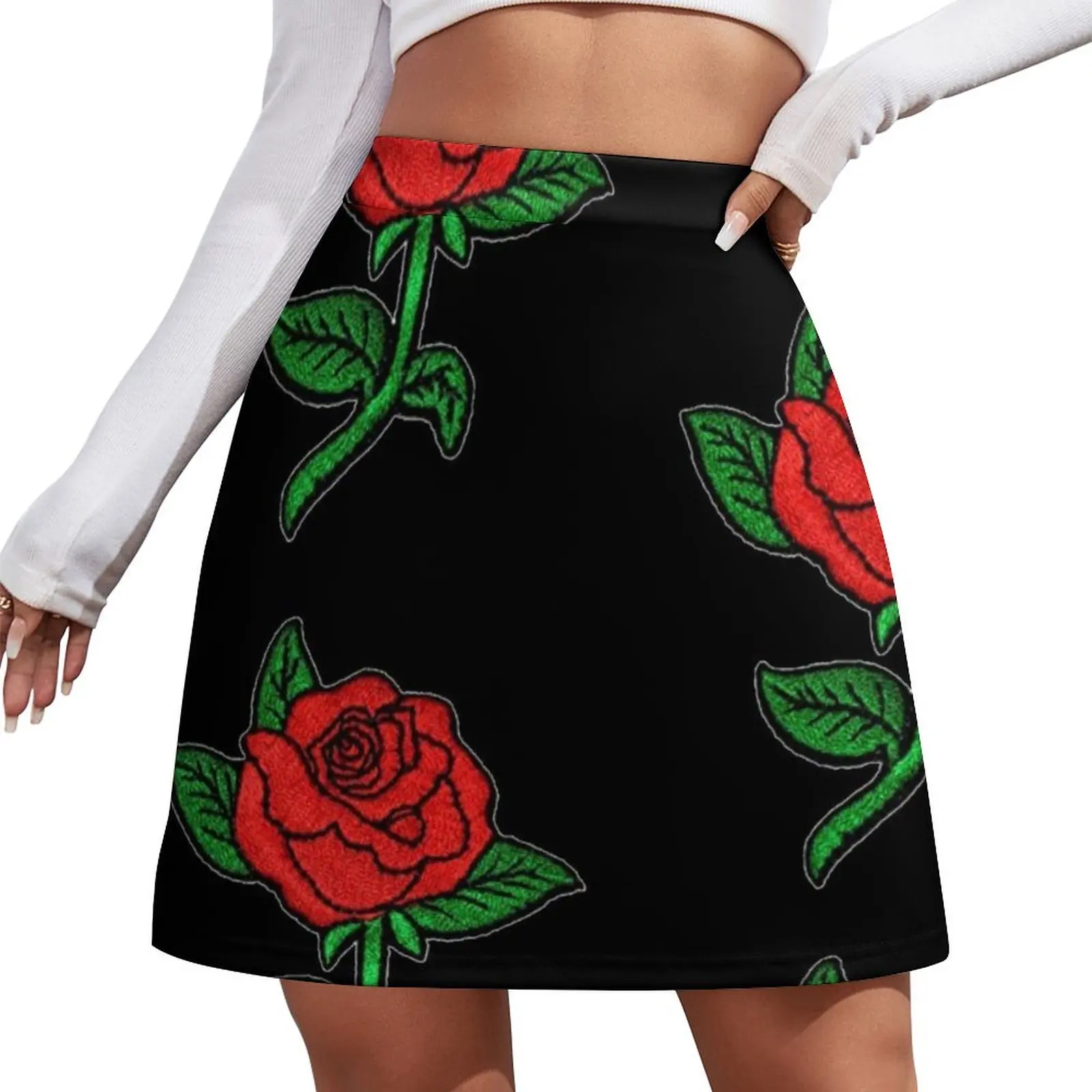 

Rose Patch Black Mini Skirt Woman clothing Women's dress Mini Skirt