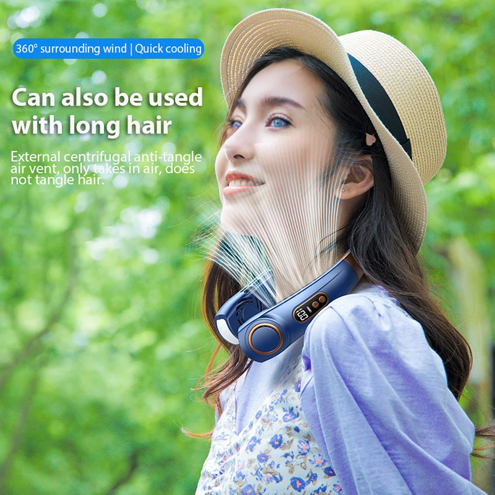 مروحة رقبة محمولة 2025 مع 5 مستويات للسرعة، وبطارية قابلة لإعادة الشحن، وإضاءة محيطة RGB - مثالية للسفر في الصيف والخارج.