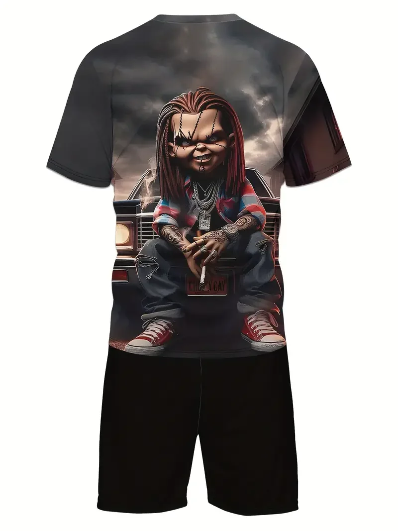 Men's 3D Printed Breathable Outdoor Sports Set - Summer T-shirt and Shorts Two Piece Set, Large Size