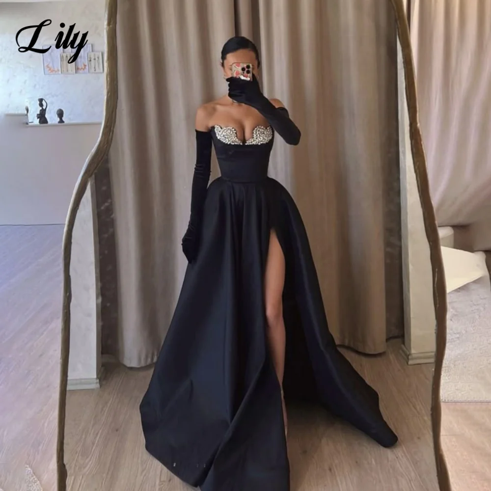 

Lily Black Elegant Evening Dresses Shiny Sequins Satin Formal Gown Side Split A-Line Backless Party Dresses for Woman Customized