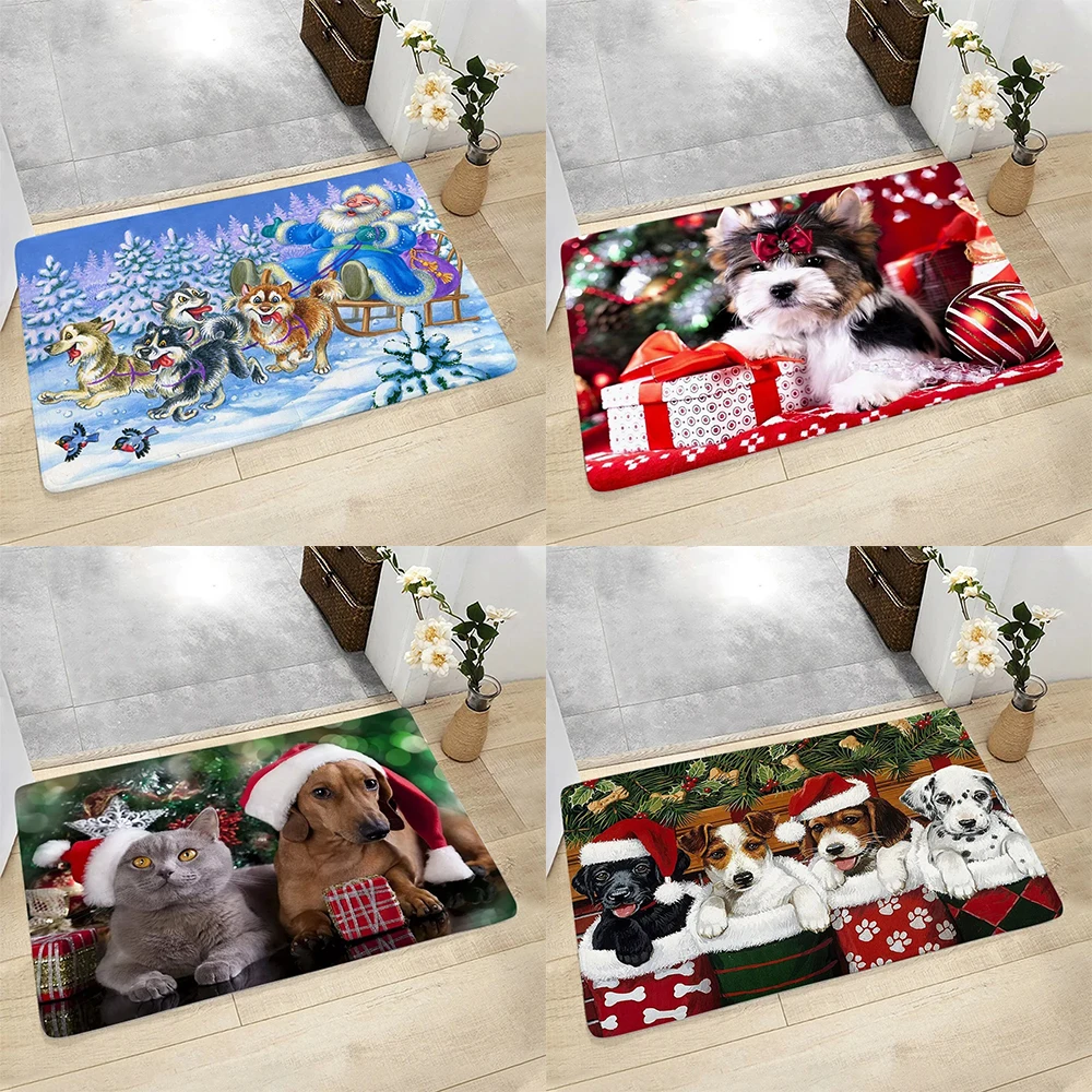 Sled Dog Santa Pattern Floor Mat Bathroom Absorbent Mat Home Decor Living Room Entrance Entrance Carpet 40x60 cm