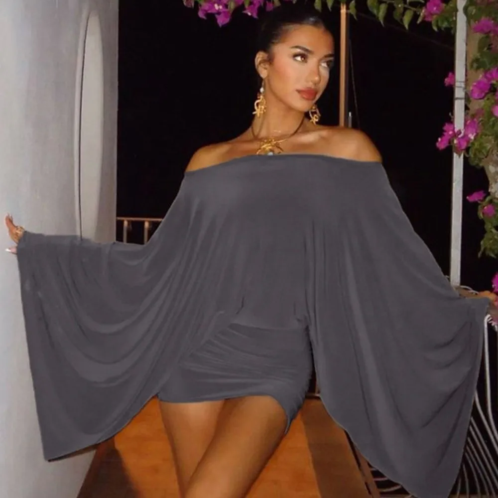 Fashion Sexy Bodycon Dress Slim Fit Long Sleeve Off Shoulder Dress Grey Simple Batwing Sleeve Dress Spicy Girl