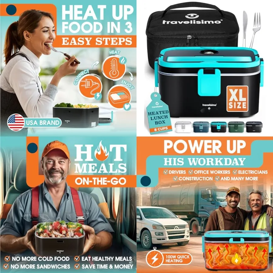 

Extra-Large Electric Lunch Box For Adults Holds up to 8 Cups - 100W Heated Lunch Box For Men 1.8L, Portable Food Warmer for Tra
