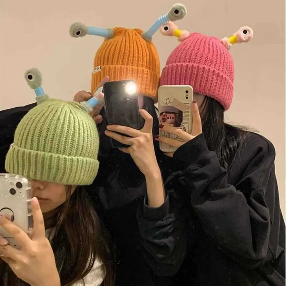 Women Girl Autumn Winter Antenna Knitted Beanies Funny Cartoon Glowing Party Cap Warm LED Beanie Hat Halloween Christmas Party