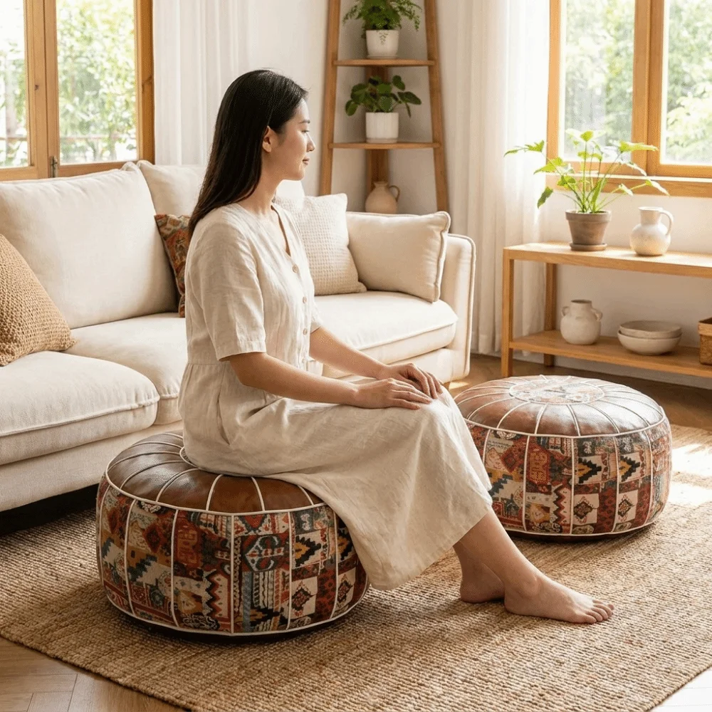 Leather Boho Seat Cushion Cover Unstuffed Large Capacity Sofa Stool Cover Waterproof Embroider Craft Pumpkin Pouf Cover Home Use