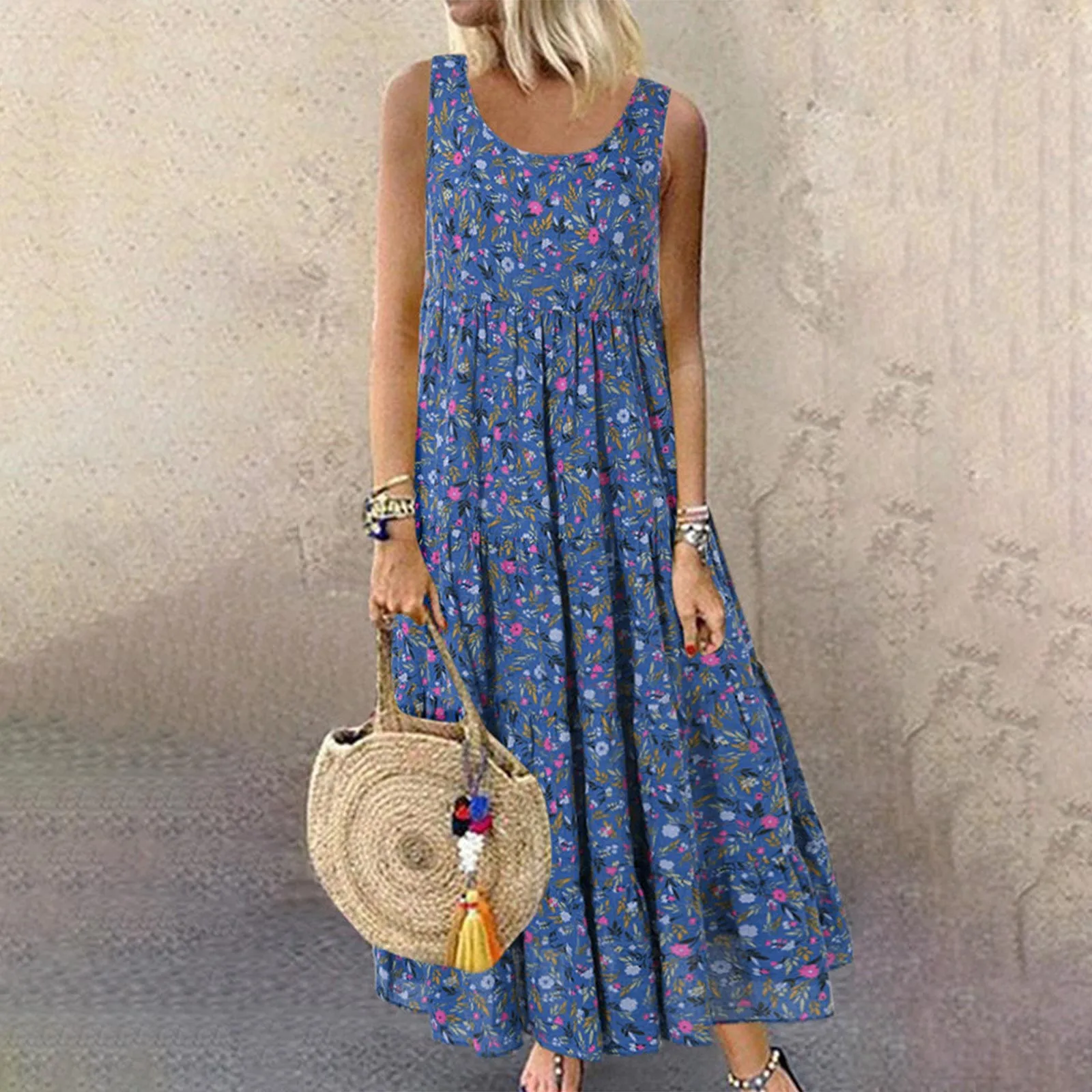 Bohemian Maxi Dress Women Casual Vintage Sleeveless O Neck Floral Print Loose Long Dress Oversized Holiday Beach Sundress 2023