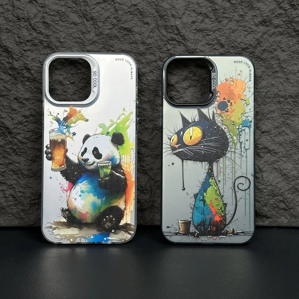 New Fashion Graffiti Painted iPhone Case for 14 Pro Max 13 12 Cartoon Animal Matte Laser Metal Electroplated Soft Silicone Case