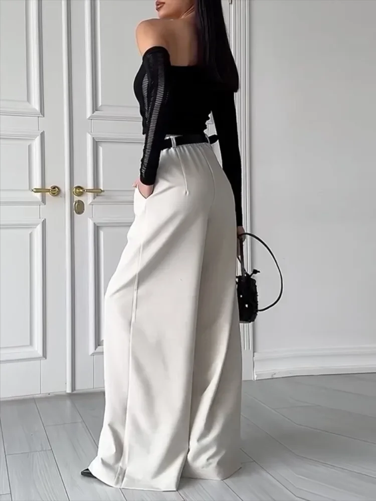 Freeacy Elegant Pants for Urban Women Solid Color High Waist Buttoned Loose Fit Floor Length Trousers Stylish Commuter Bottoms