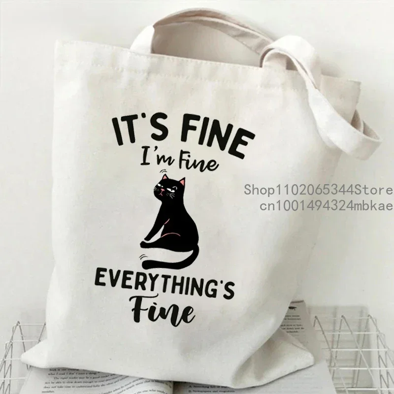 Women Tote Bag It\'s Fine I\'m Fine Everything\'s Fine Print Canvas Shopping Bag Cartoon Harajuku Cat Female Commuter Bag Handbags