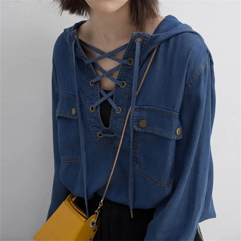 Spring Autumn New Women\'s Solid Color V-neck Button Spliced Drawstring Vintage Loose Versatile Long Sleeve Hooded Denim Shirt