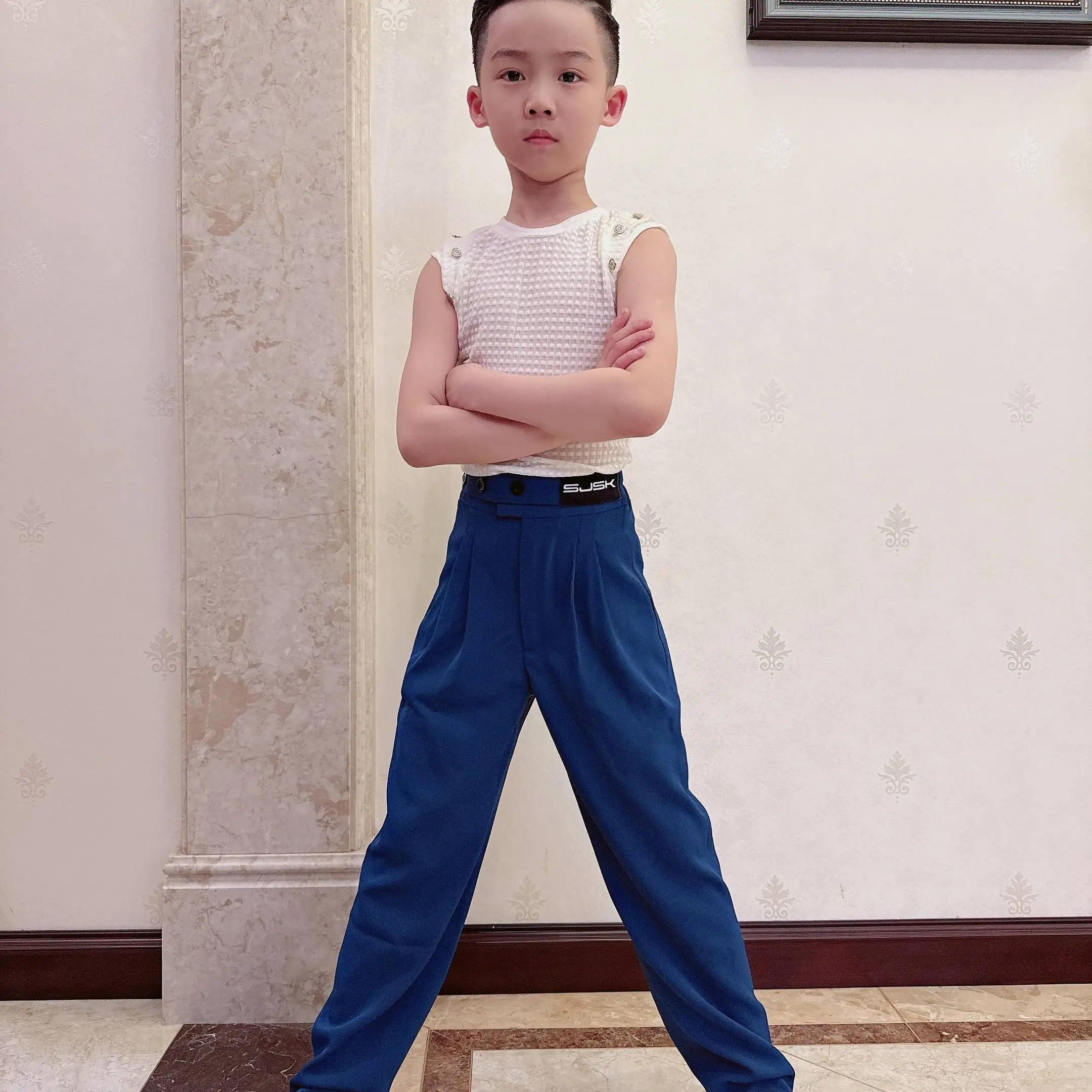 

Children Latin Dance Pants Boys Blue Trousers Chacha Rumba Tango Kids Modern Dance Pants Latin Performance Stage Wear DN20801